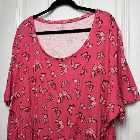 Butterfly Blouse Womens 2X Pink Pullover Short Sleeve Scoop Neck Top Stretch - Picture 2 of 8